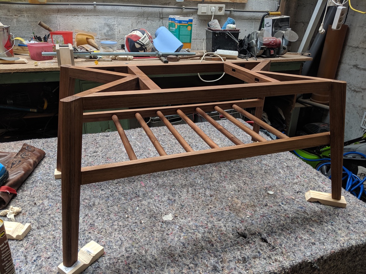 Coffee table base with first coat of Danish oil