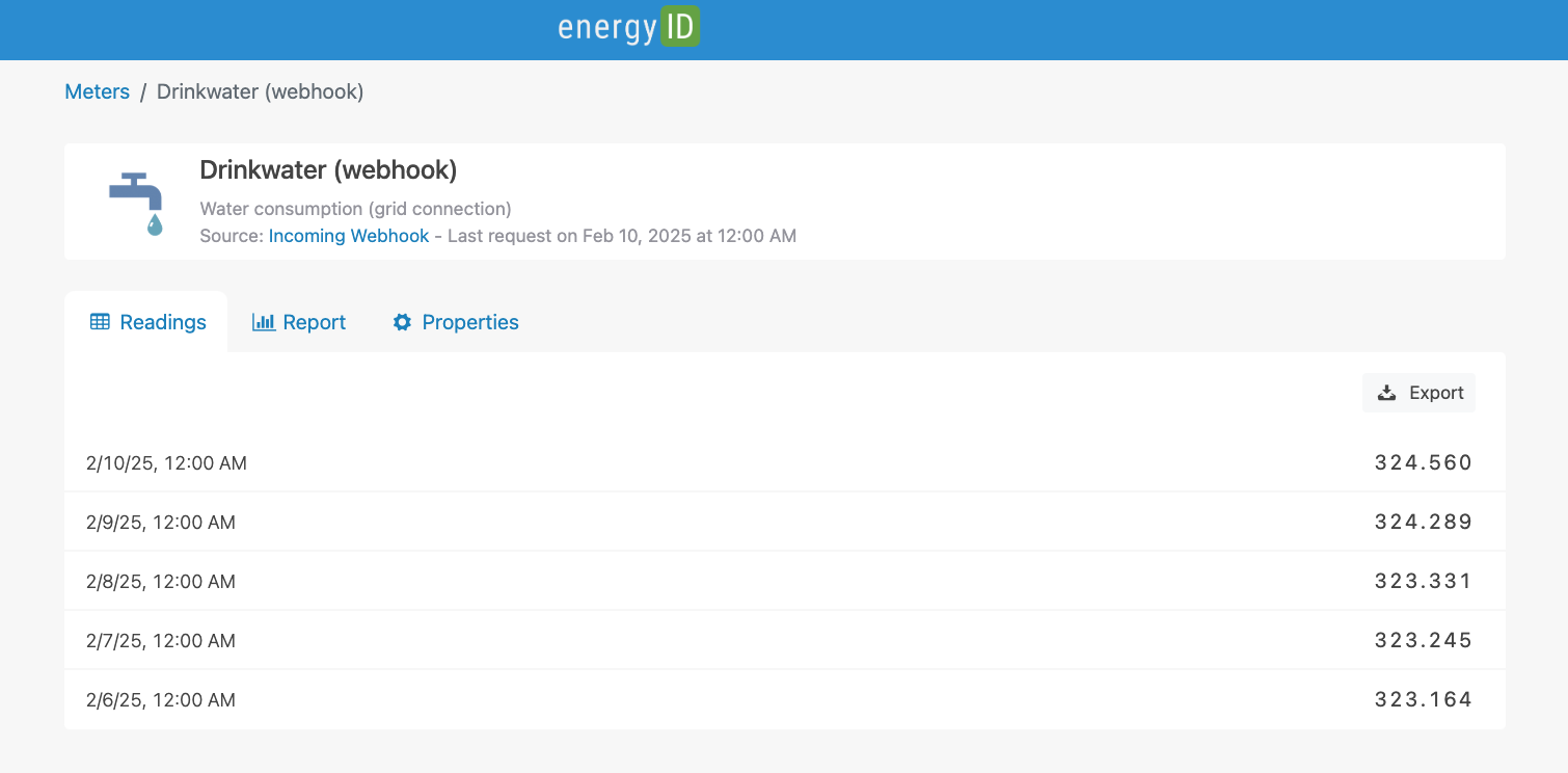 Webhook water meter in EnergyID